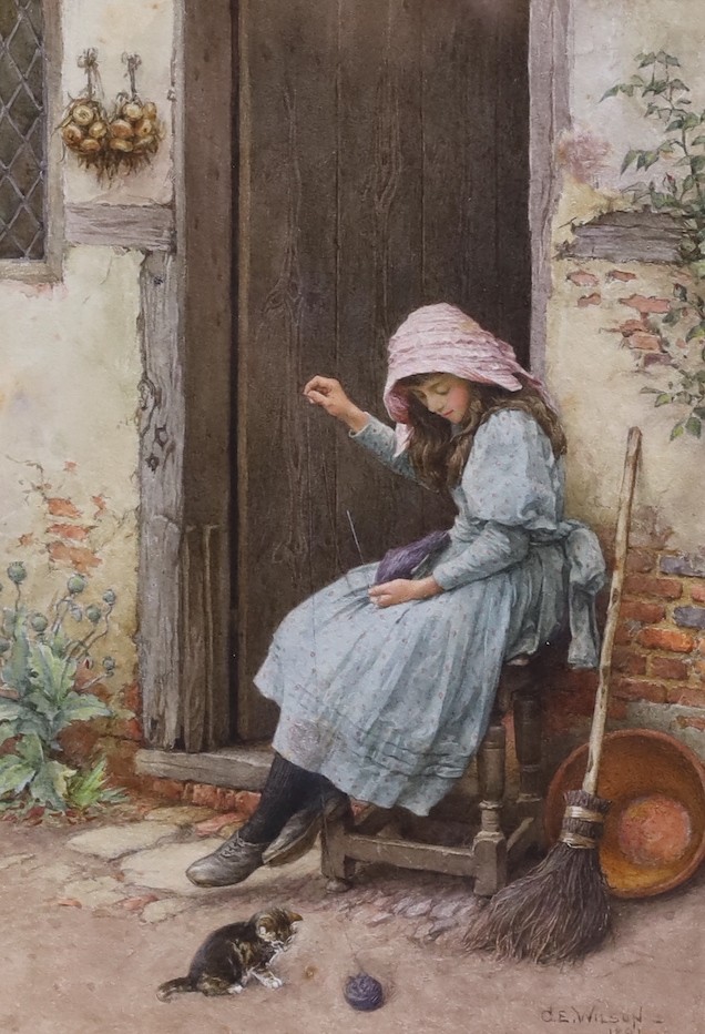 Charles Edward Wilson (British, 1854-1942), Girl and kitten at a cottage doorway, watercolour, 21 x 15cm